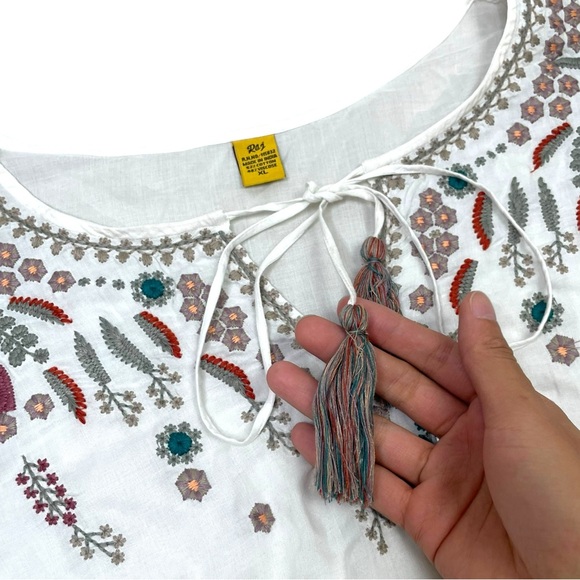 Raj Womens Blouse Embroidered Bohemian Tasseled Long Sleeve Top XL White Floral - Picture 4 of 10